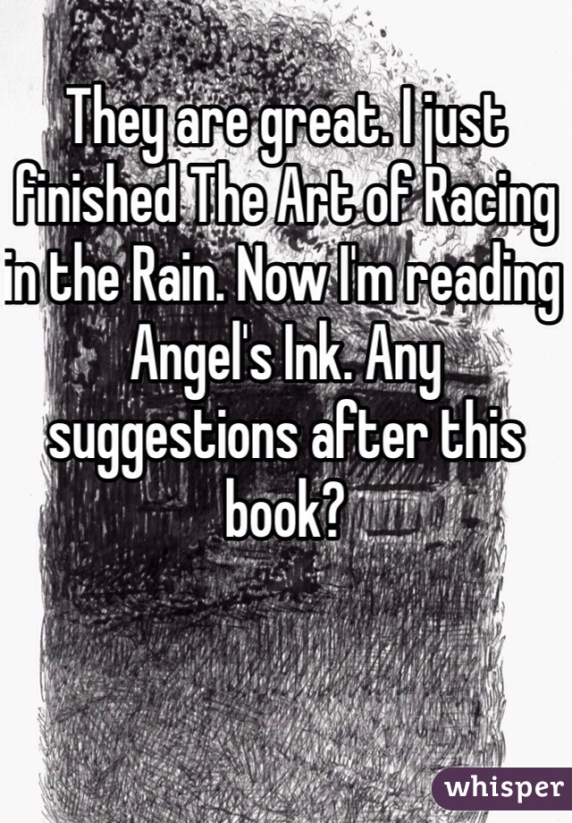 They are great. I just finished The Art of Racing in the Rain. Now I'm reading Angel's Ink. Any suggestions after this book?