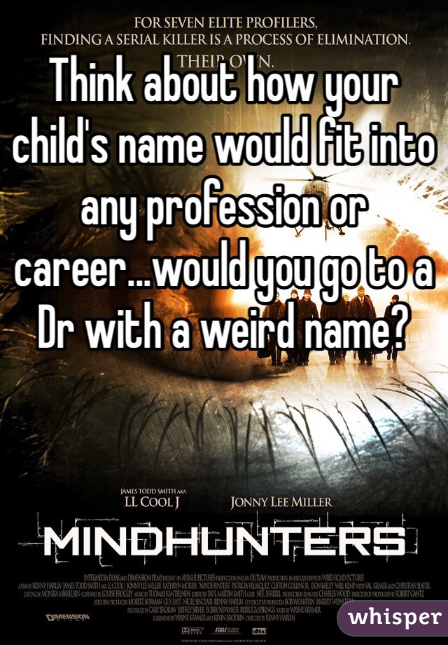 Think about how your child's name would fit into any profession or career...would you go to a Dr with a weird name?