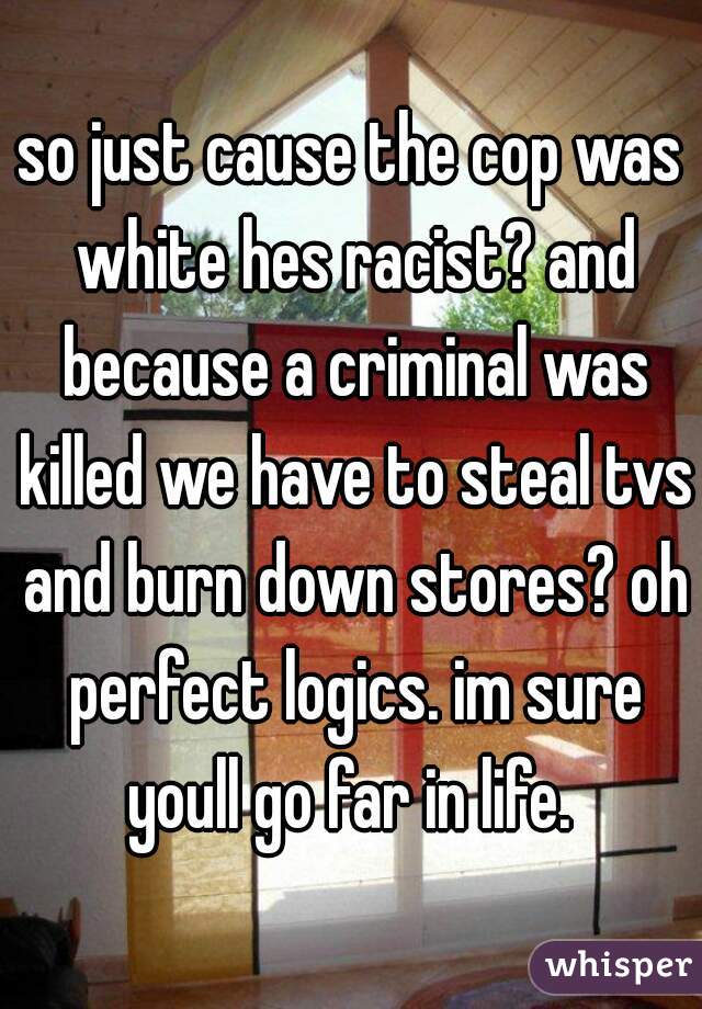 so just cause the cop was white hes racist? and because a criminal was killed we have to steal tvs and burn down stores? oh perfect logics. im sure youll go far in life. 