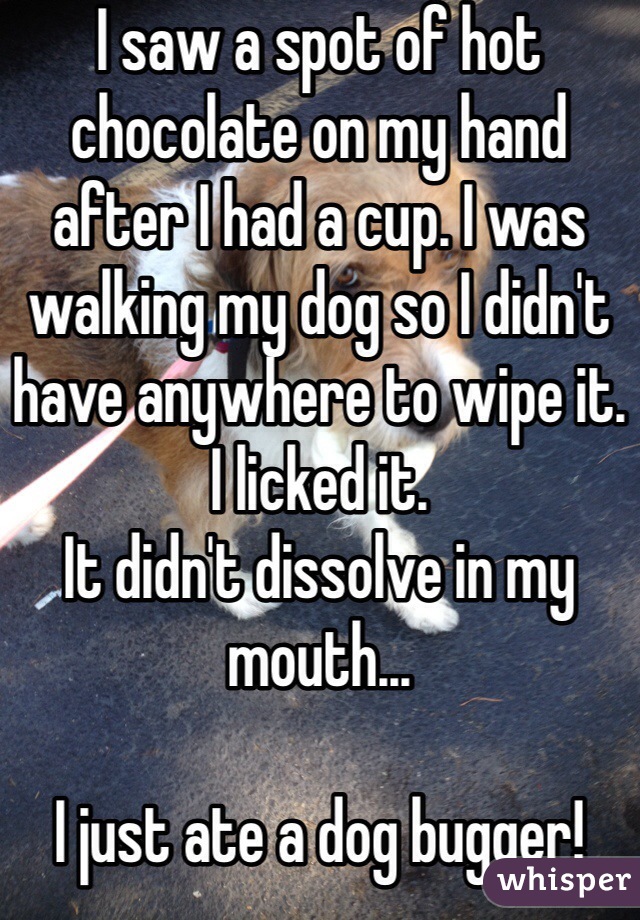 I saw a spot of hot chocolate on my hand after I had a cup. I was walking my dog so I didn't have anywhere to wipe it. I licked it.
It didn't dissolve in my mouth...
  
I just ate a dog bugger!