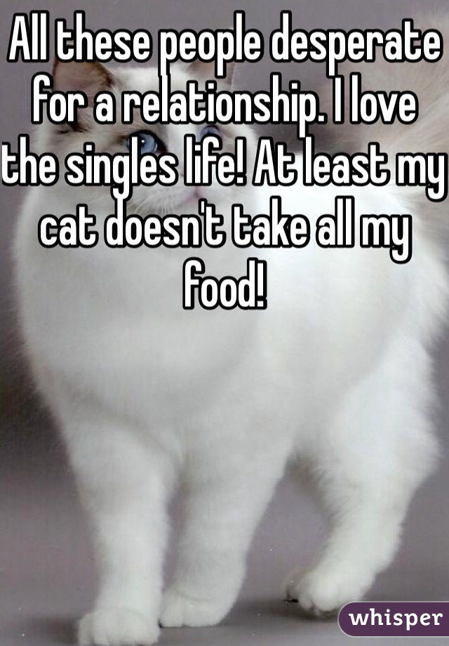 All these people desperate for a relationship. I love the singles life! At least my cat doesn't take all my food!