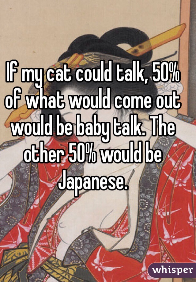 If my cat could talk, 50% of what would come out would be baby talk. The other 50% would be Japanese.