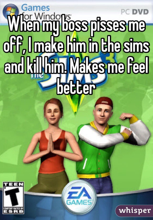 When my boss pisses me off, I make him in the sims and kill him. Makes me feel better