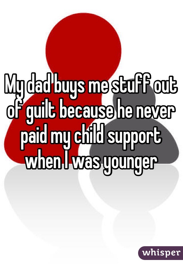 My dad buys me stuff out of guilt because he never paid my child support when I was younger