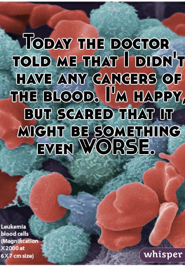 Today the doctor told me that I didn't have any cancers of the blood. I'm happy, but scared that it might be something even WORSE. 