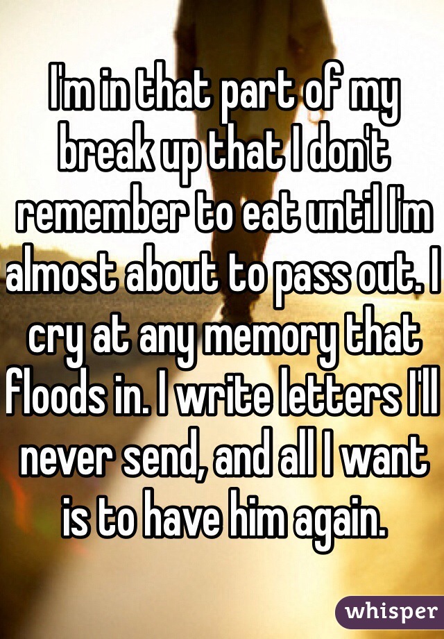 I'm in that part of my break up that I don't remember to eat until I'm almost about to pass out. I cry at any memory that floods in. I write letters I'll never send, and all I want is to have him again. 