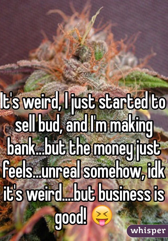 It's weird, I just started to sell bud, and I'm making bank...but the money just feels...unreal somehow, idk it's weird....but business is good! 😝