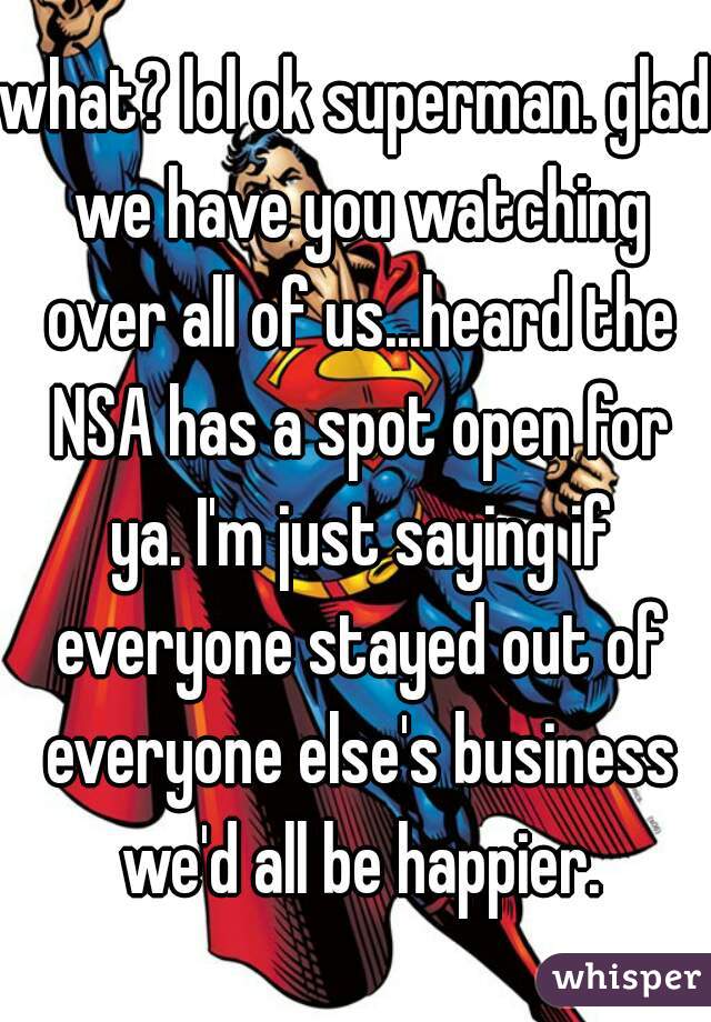what? lol ok superman. glad we have you watching over all of us...heard the NSA has a spot open for ya. I'm just saying if everyone stayed out of everyone else's business we'd all be happier.