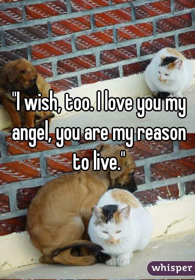  "I wish, too. I love you my angel, you are my reason to live."
