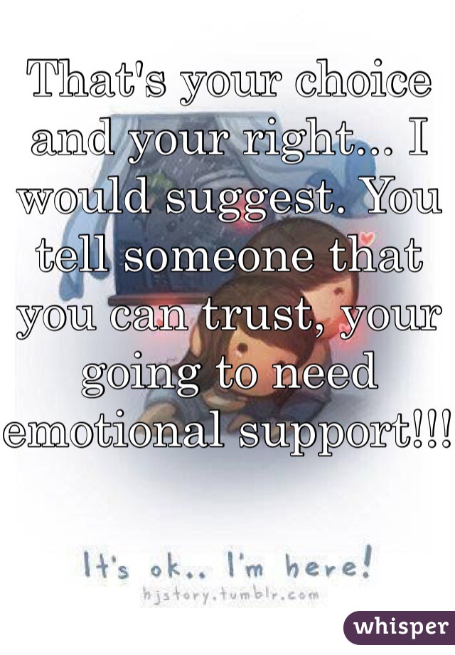 That's your choice and your right... I would suggest. You tell someone that you can trust, your going to need emotional support!!! 