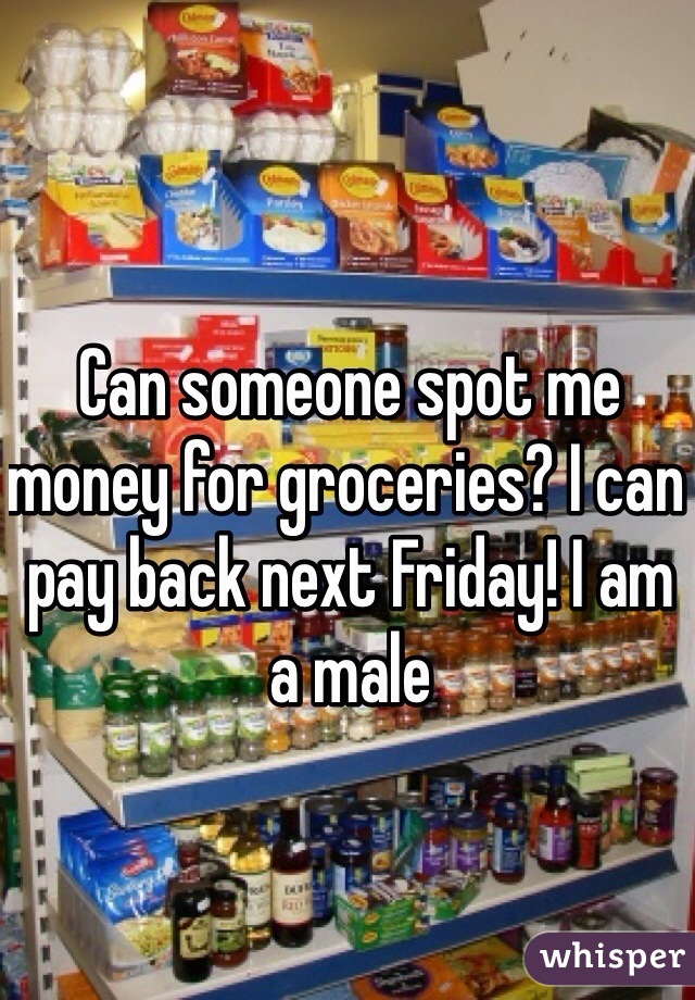 Can someone spot me money for groceries? I can pay back next Friday! I am a male 