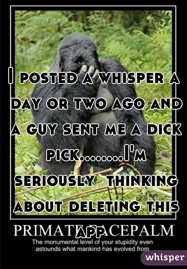 I posted a whisper a day or two ago and a guy sent me a dick pick........I'm
 seriously  thinking about deleting this app  
