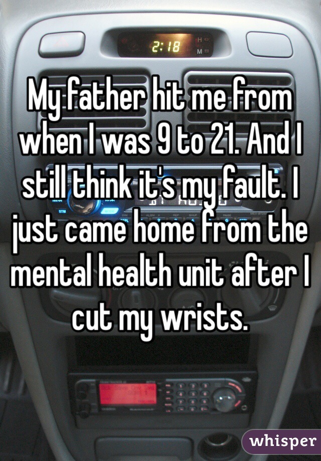 My father hit me from when I was 9 to 21. And I still think it's my fault. I just came home from the mental health unit after I cut my wrists.