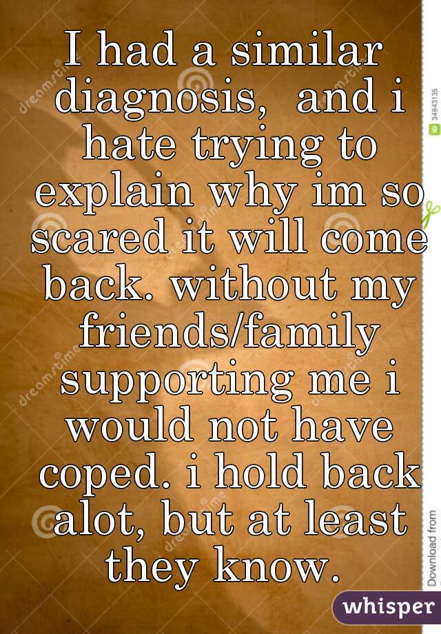 I had a similar diagnosis,  and i hate trying to explain why im so scared it will come back. without my friends/family supporting me i would not have coped. i hold back alot, but at least they know. 