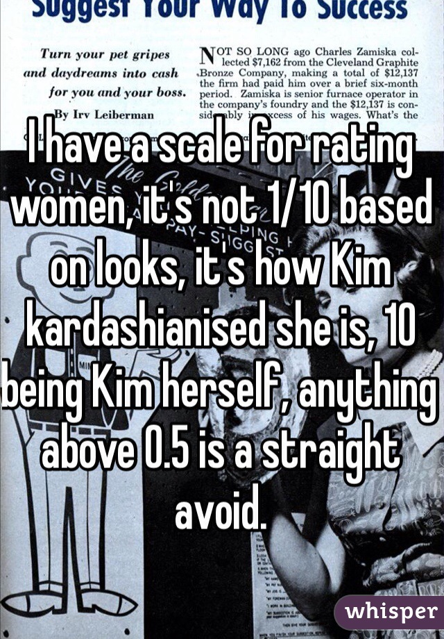 I have a scale for rating women, it's not 1/10 based on looks, it's how Kim kardashianised she is, 10 being Kim herself, anything above 0.5 is a straight avoid.