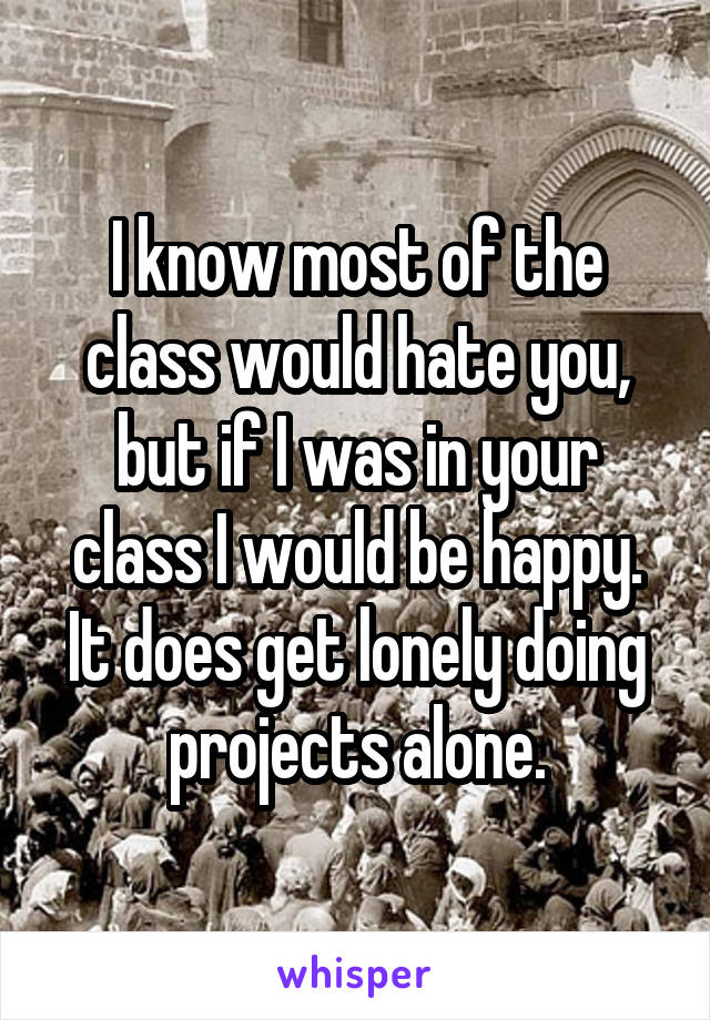 I know most of the class would hate you, but if I was in your class I would be happy. It does get lonely doing projects alone.