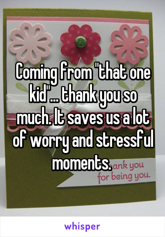 Coming from "that one kid"... thank you so much. It saves us a lot of worry and stressful moments. 