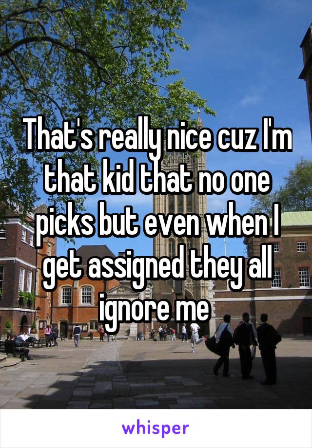 That's really nice cuz I'm that kid that no one picks but even when I get assigned they all ignore me 