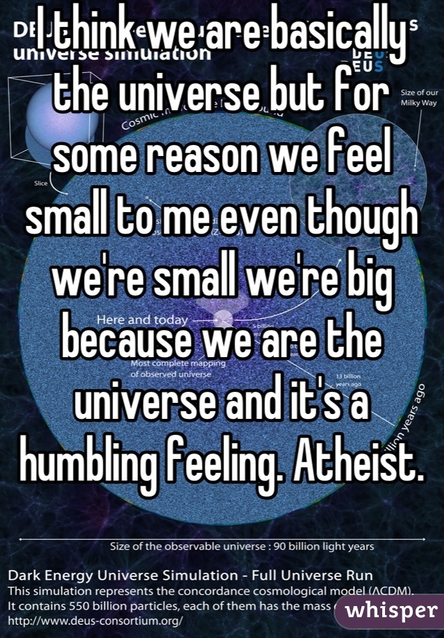 I think we are basically the universe but for some reason we feel small to me even though we're small we're big because we are the universe and it's a humbling feeling. Atheist.