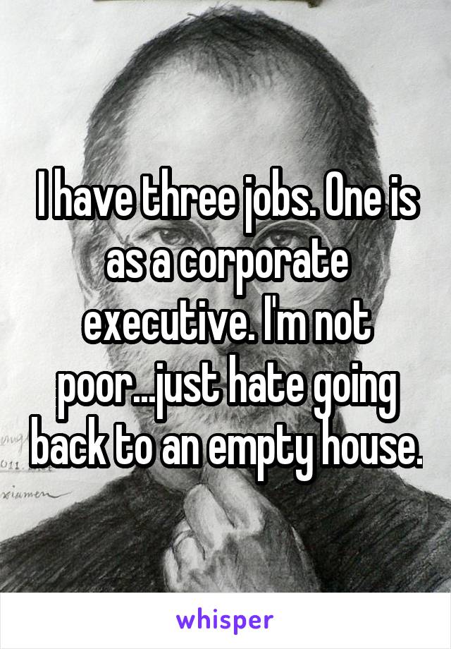 I have three jobs. One is as a corporate executive. I'm not poor...just hate going back to an empty house.