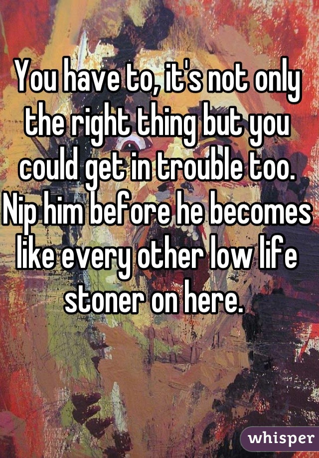 You have to, it's not only the right thing but you could get in trouble too.  Nip him before he becomes like every other low life stoner on here. 