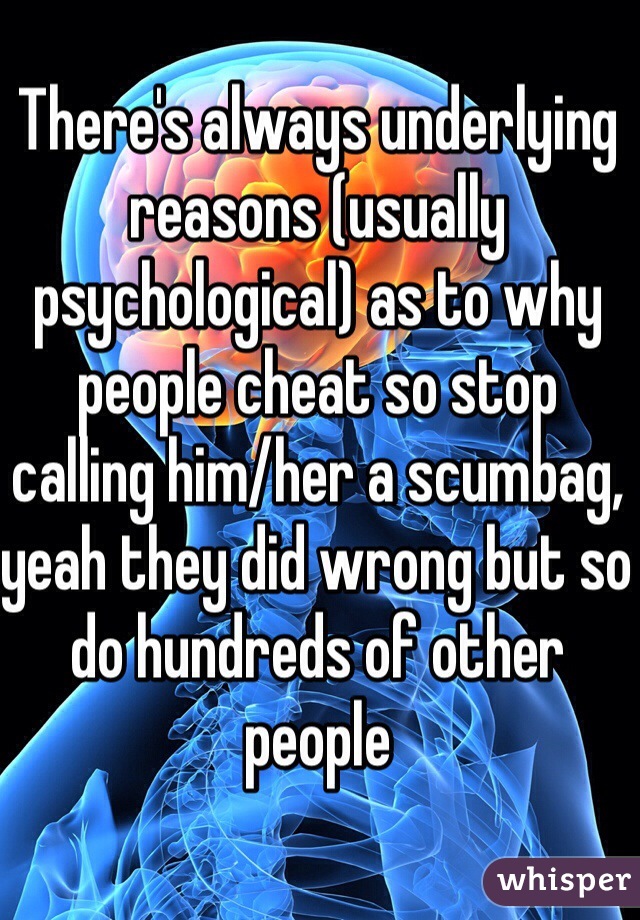 There's always underlying reasons (usually psychological) as to why people cheat so stop calling him/her a scumbag, yeah they did wrong but so do hundreds of other people