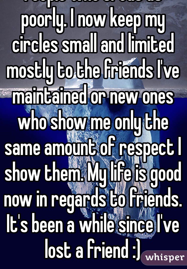 After years of this i realize it's not me. But when we don't love and respect ourselves fully, that is what we attract. People who treat us poorly. I now keep my circles small and limited mostly to the friends I've maintained or new ones who show me only the same amount of respect I show them. My life is good now in regards to friends. It's been a while since I've lost a friend :) 