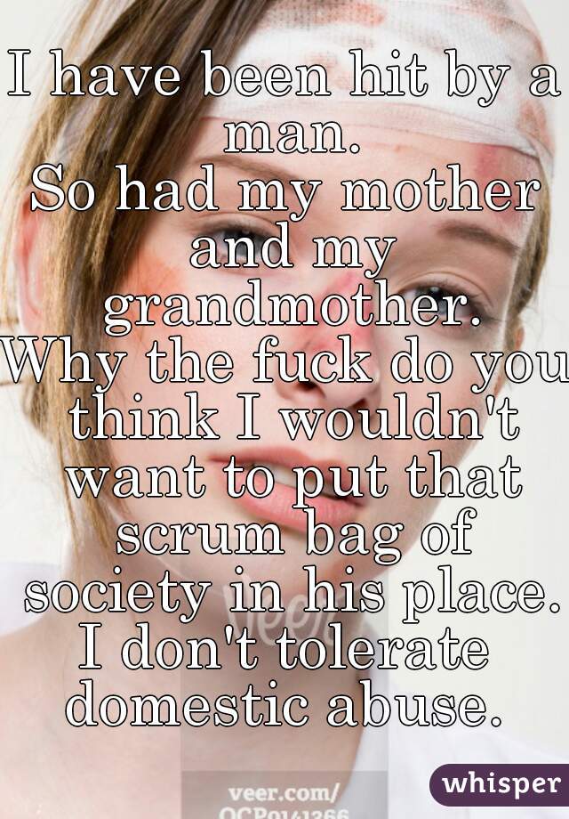 I have been hit by a man.
So had my mother and my grandmother.
Why the fuck do you think I wouldn't want to put that scrum bag of society in his place.
I don't tolerate domestic abuse. 