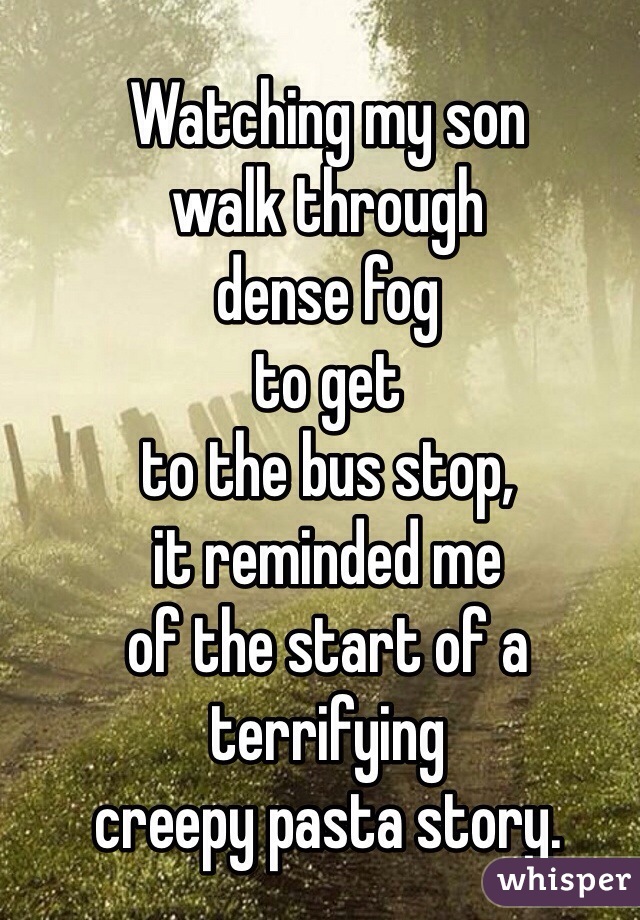 Watching my son 
walk through 
dense fog 
to get 
to the bus stop, 
it reminded me 
of the start of a 
terrifying 
creepy pasta story.