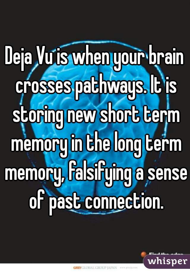 Deja Vu is when your brain crosses pathways. It is storing new short term memory in the long term memory, falsifying a sense of past connection.