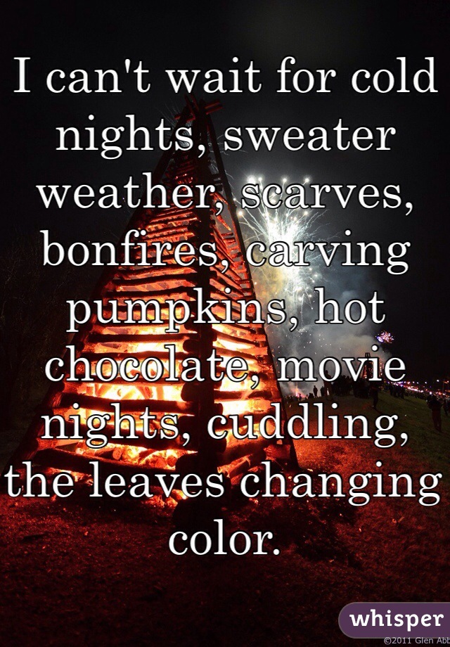 I can't wait for cold nights, sweater weather, scarves, bonfires, carving pumpkins, hot chocolate, movie nights, cuddling, the leaves changing color.