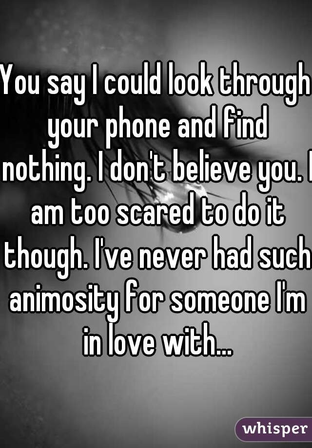 You say I could look through your phone and find nothing. I don't believe you. I am too scared to do it though. I've never had such animosity for someone I'm in love with...