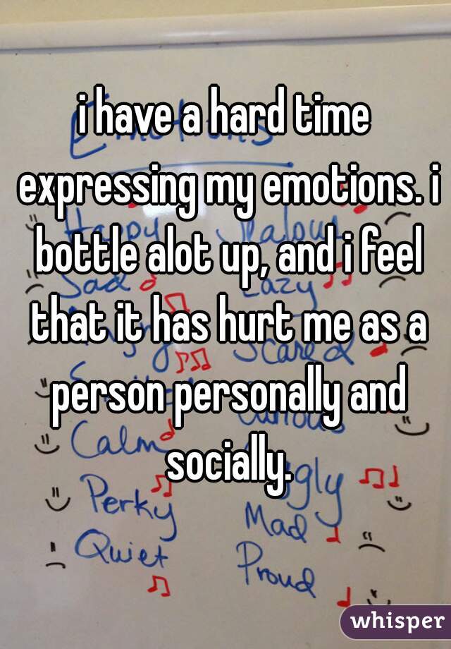 i have a hard time expressing my emotions. i bottle alot up, and i feel that it has hurt me as a person personally and socially.