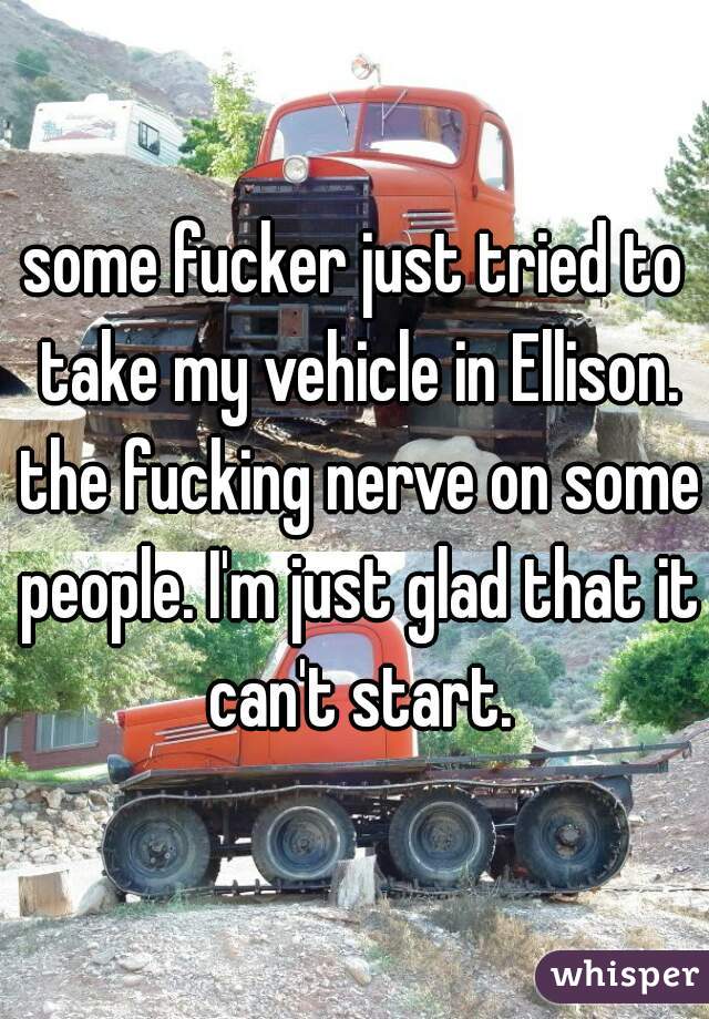 some fucker just tried to take my vehicle in Ellison. the fucking nerve on some people. I'm just glad that it can't start.