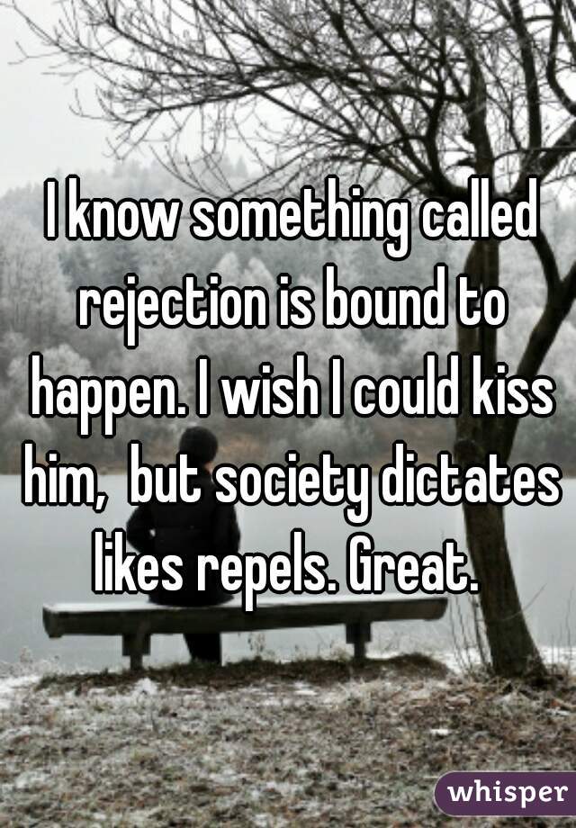  I know something called rejection is bound to happen. I wish I could kiss him,  but society dictates likes repels. Great. 