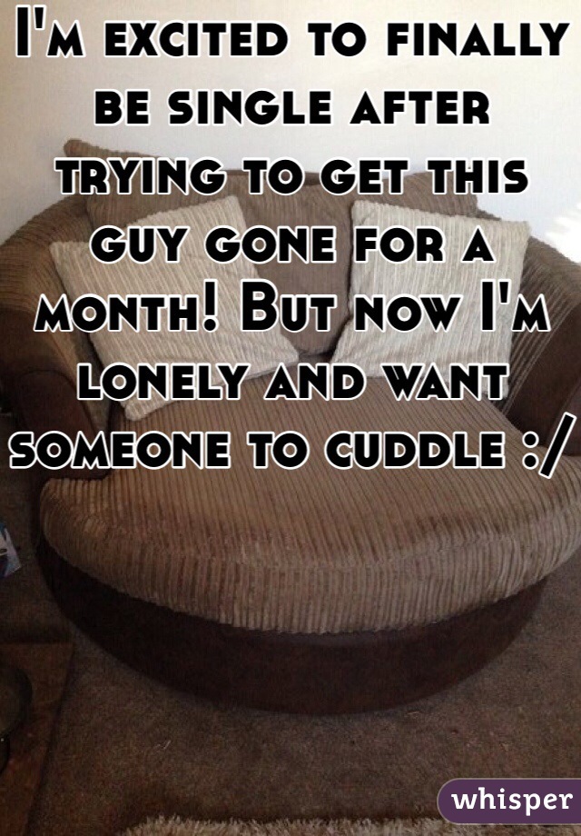 I'm excited to finally be single after trying to get this guy gone for a month! But now I'm lonely and want someone to cuddle :/