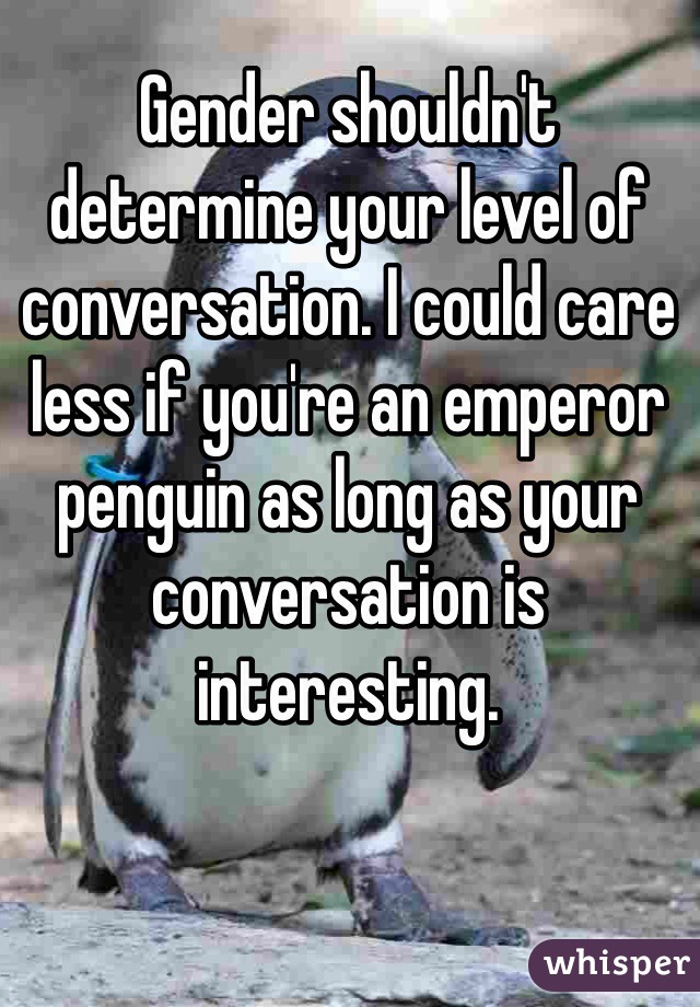 Gender shouldn't determine your level of conversation. I could care less if you're an emperor penguin as long as your conversation is interesting.