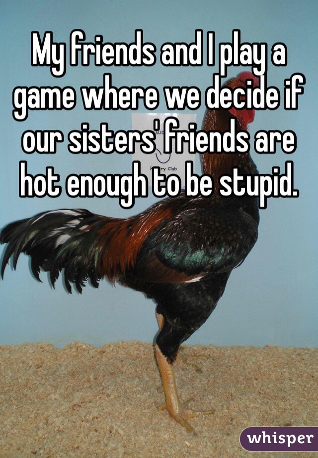 My friends and I play a game where we decide if our sisters' friends are hot enough to be stupid.