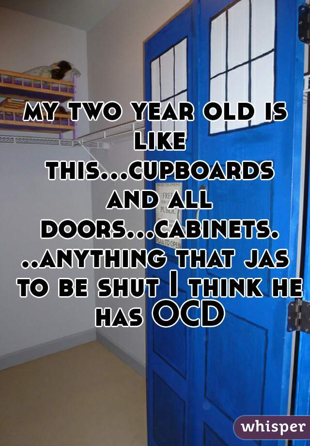my two year old is like this...cupboards and all doors...cabinets...anything that jas to be shut I think he has OCD