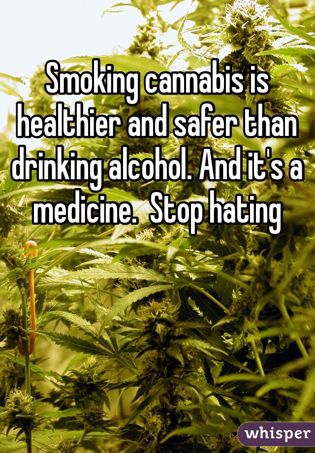 Smoking cannabis is healthier and safer than drinking alcohol. And it's a medicine.  Stop hating