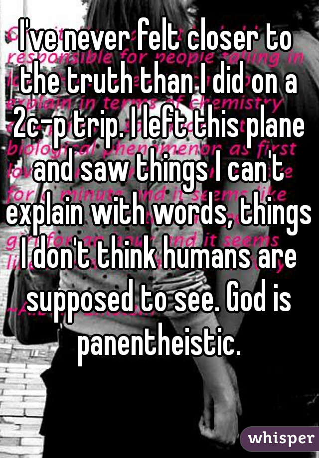 I've never felt closer to the truth than I did on a 2c-p trip. I left this plane and saw things I can't explain with words, things I don't think humans are supposed to see. God is panentheistic.