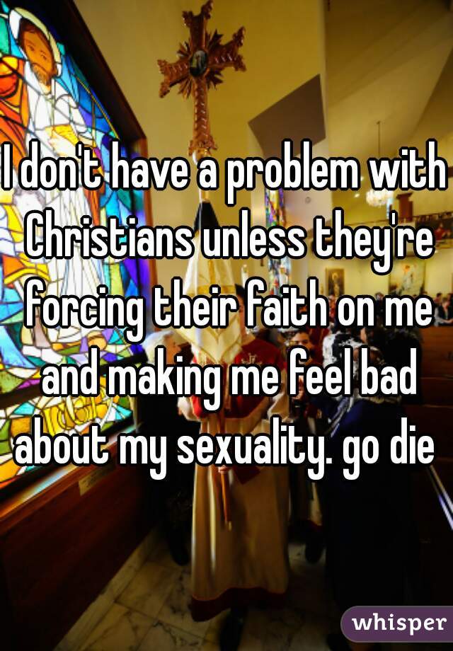 I don't have a problem with Christians unless they're forcing their faith on me and making me feel bad about my sexuality. go die 