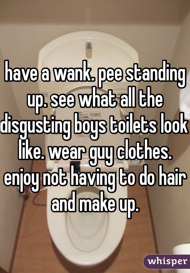 have a wank. pee standing up. see what all the disgusting boys toilets look like. wear guy clothes. enjoy not having to do hair and make up.