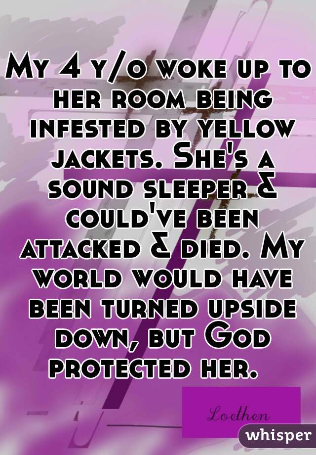 My 4 y/o woke up to her room being infested by yellow jackets. She's a sound sleeper & could've been attacked & died. My world would have been turned upside down, but God protected her.  