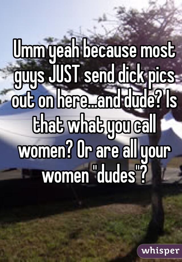 Umm yeah because most guys JUST send dick pics out on here...and dude? Is that what you call women? Or are all your women "dudes"?