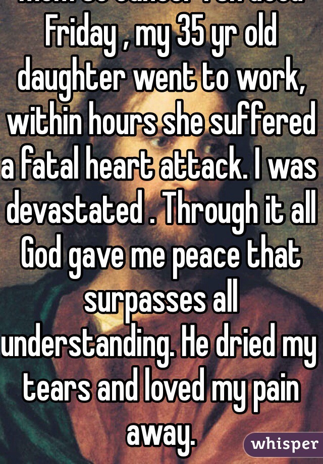 My moment was 11 yrs ago . I had just lost my mom to cancer . On Good Friday , my 35 yr old daughter went to work, within hours she suffered a fatal heart attack. I was devastated . Through it all God gave me peace that surpasses all understanding. He dried my tears and loved my pain away.