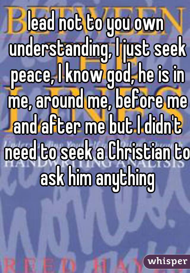 lead not to you own understanding, I just seek peace, I know god, he is in me, around me, before me and after me but I didn't need to seek a Christian to ask him anything