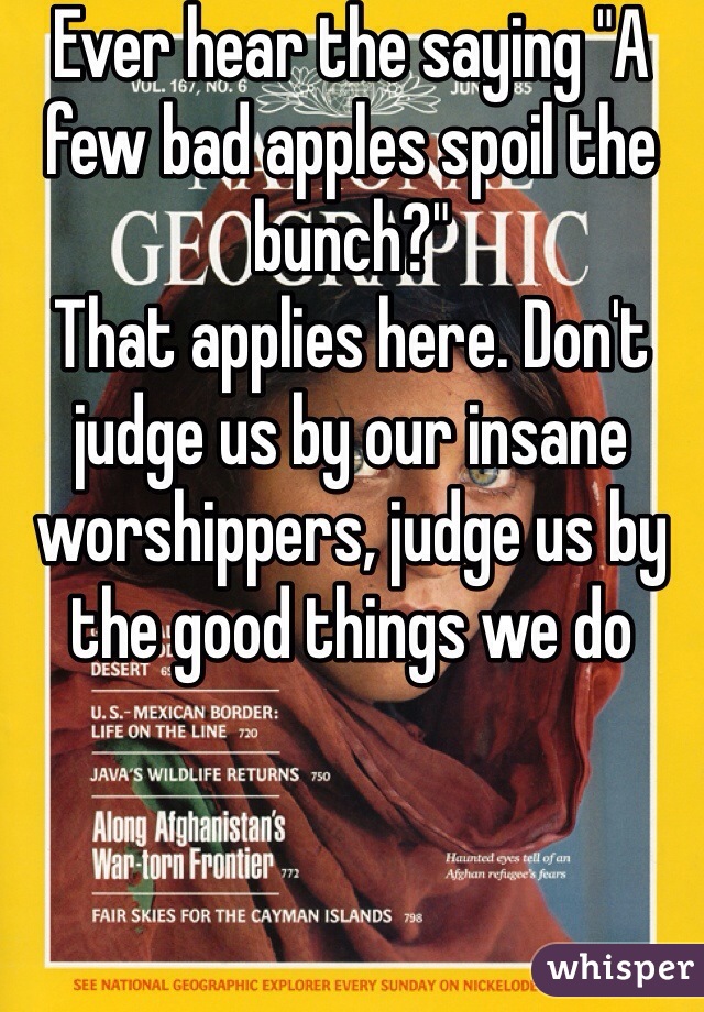 Ever hear the saying "A few bad apples spoil the bunch?"
That applies here. Don't judge us by our insane worshippers, judge us by the good things we do