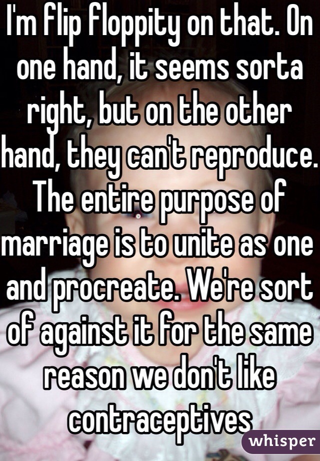 I'm flip floppity on that. On one hand, it seems sorta right, but on the other hand, they can't reproduce. The entire purpose of marriage is to unite as one and procreate. We're sort of against it for the same reason we don't like contraceptives