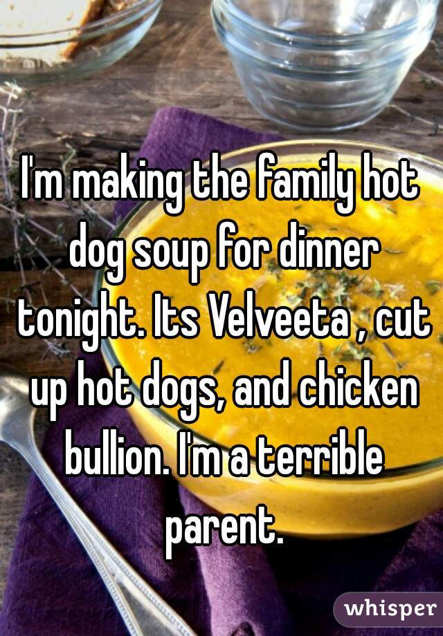 I'm making the family hot dog soup for dinner tonight. Its Velveeta , cut up hot dogs, and chicken bullion. I'm a terrible parent.